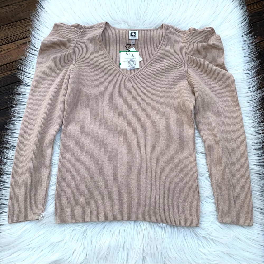 Anne Klein Tan Cotton Cashmere Ribbed Sweater V Neck Puff Sleeve Women’s Large